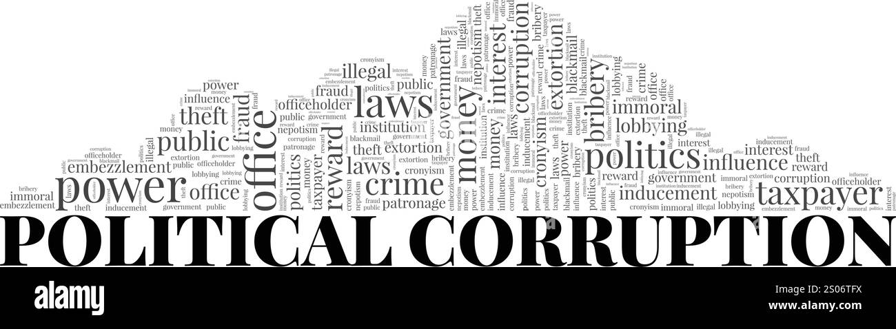 Progettazione concettuale cloud di parole di corruzione politica isolata su sfondo bianco. Illustrazione Vettoriale