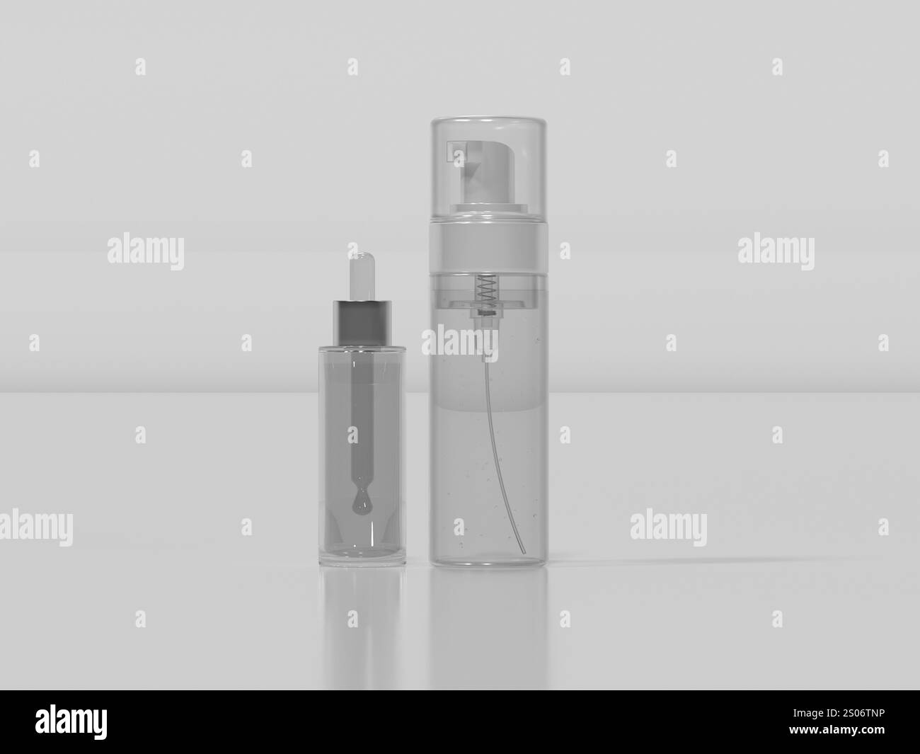 Rendering 3D, set di rendering 3d di modelli di imballaggio cosmetico: Flacone pompa in schiuma, flacone contagocce Foto Stock