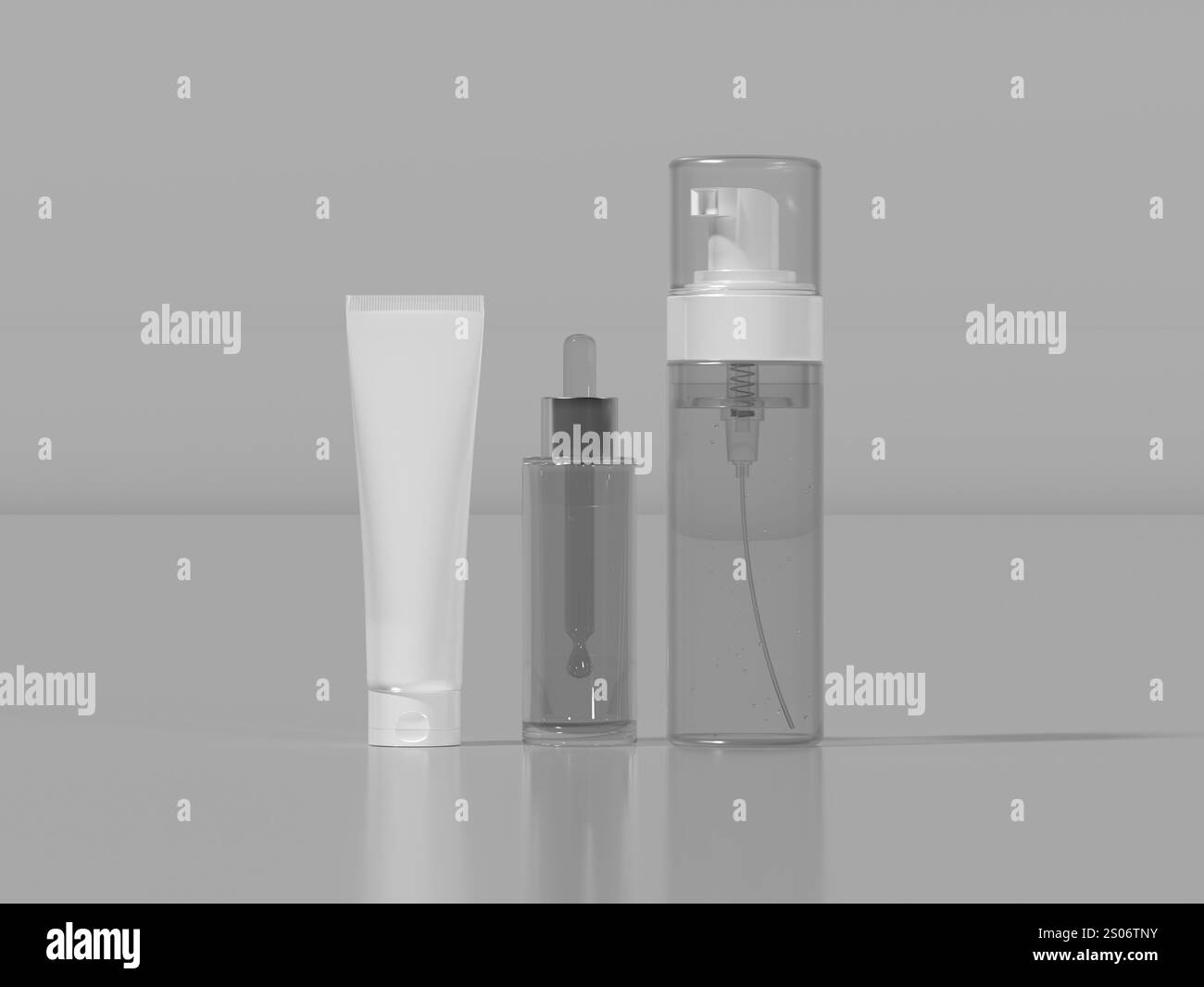 Set di rendering 3d di modelli di imballaggio cosmetico: Flacone pompa in schiuma, flacone contagocce e tubo Foto Stock