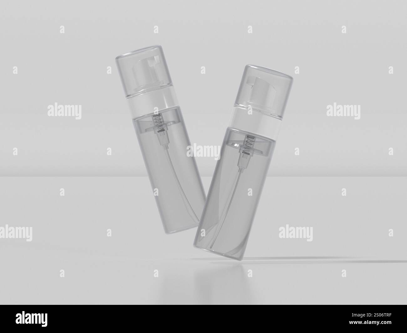 I flaconi in schiuma trasparente con rendering 3D volano con un meccanismo a molla Foto Stock