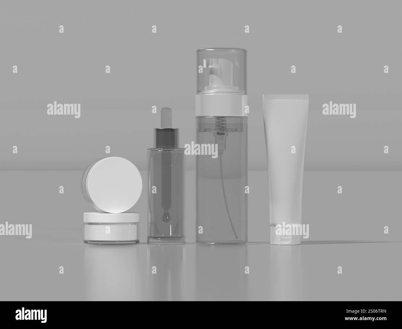 Set di rendering 3d di modelli di imballaggio cosmetico: Flacone per pompa in schiuma, flacone contagocce, vaschetta per crema e tubo Foto Stock