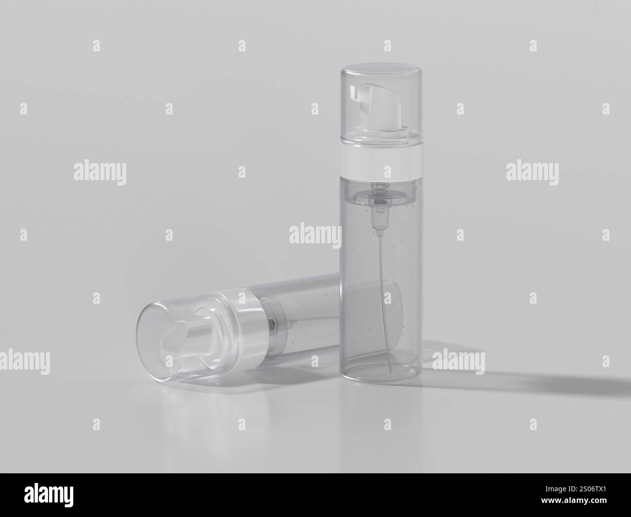 Mockup con flacone in schiuma trasparente e rendering 3D con meccanismo a molla Foto Stock