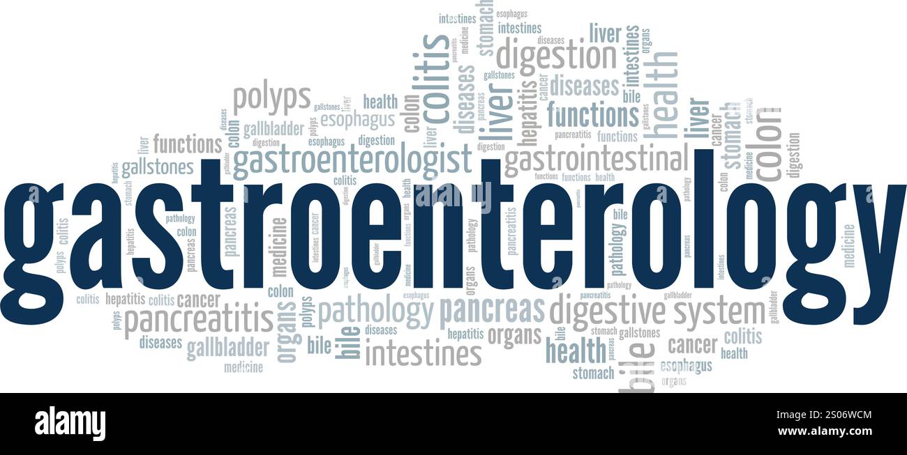 Progettazione concettuale di nuvole di parole per gastroenterologia isolata su sfondo bianco. Illustrazione Vettoriale