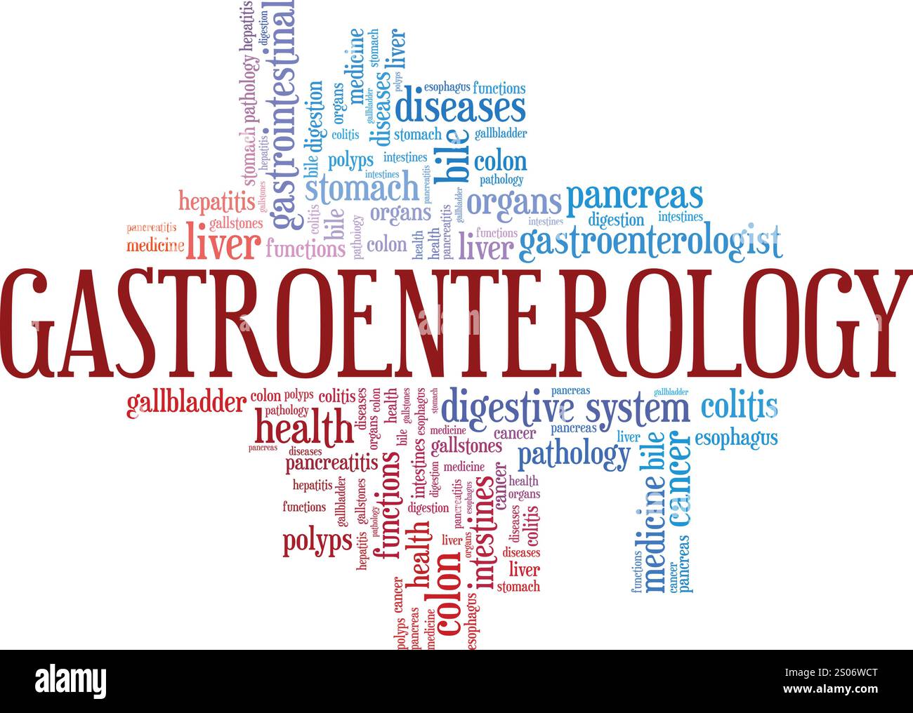 Progettazione concettuale di nuvole di parole per gastroenterologia isolata su sfondo bianco. Illustrazione Vettoriale
