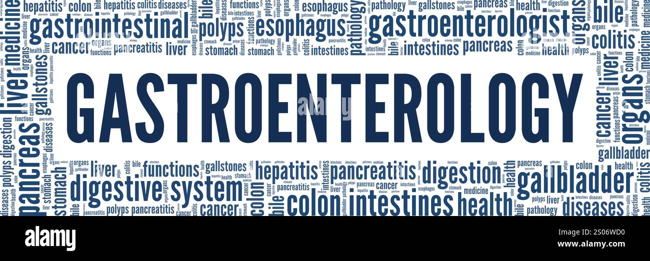 Progettazione concettuale di nuvole di parole per gastroenterologia isolata su sfondo bianco. Illustrazione Vettoriale