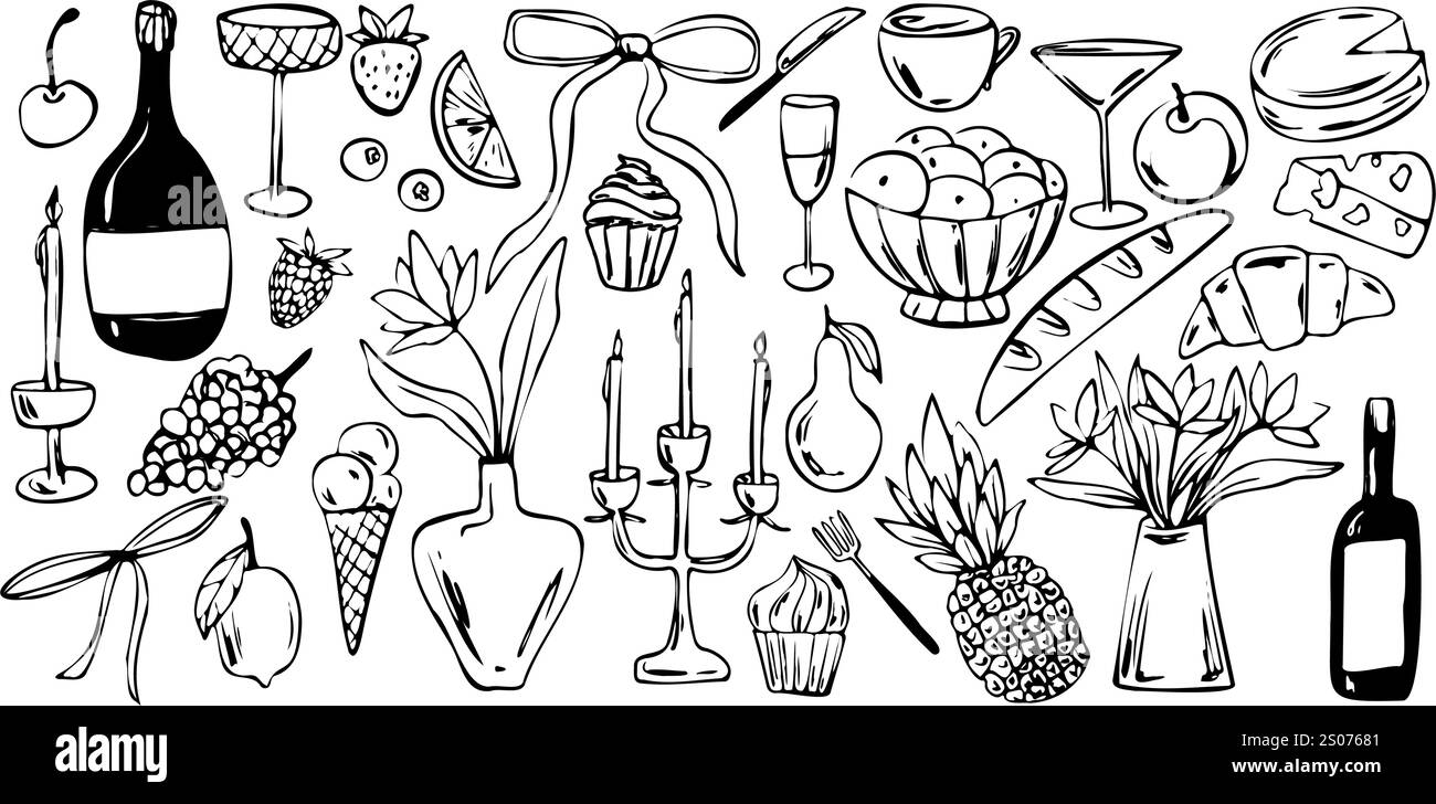 illustrazione vettoriale disegnata a mano, elementi a tema per cene e festeggiamenti, bottiglie di vino, frutta, pasticcini, fiori, e candele. Perfetto per Illustrazione Vettoriale