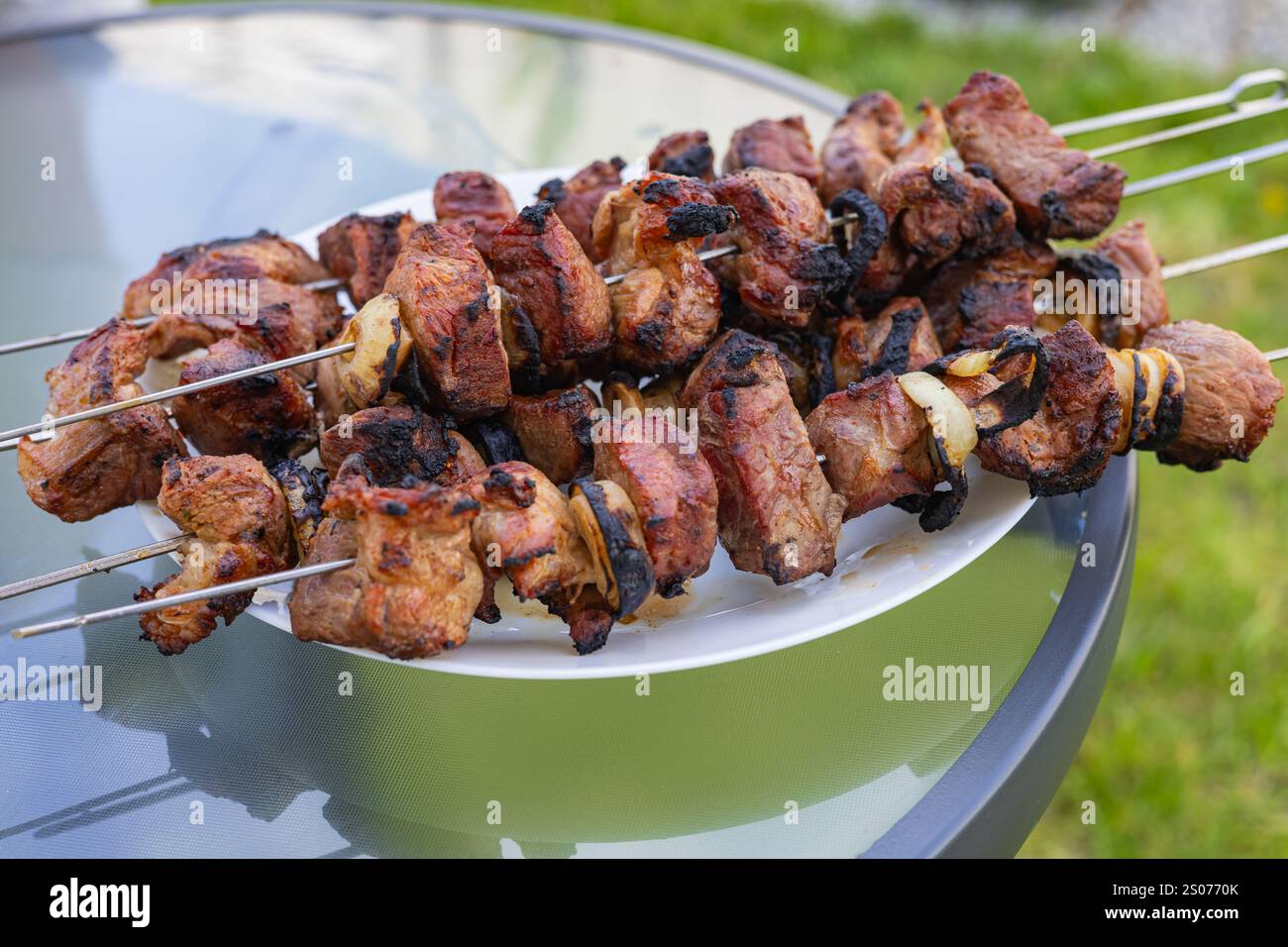Spiedini di carne alla griglia succosi con cipolle serviti su un piatto, appena cucinati su una fiamma aperta per un barbecue all'aperto. Picnic estivo e festa in giardino Foto Stock
