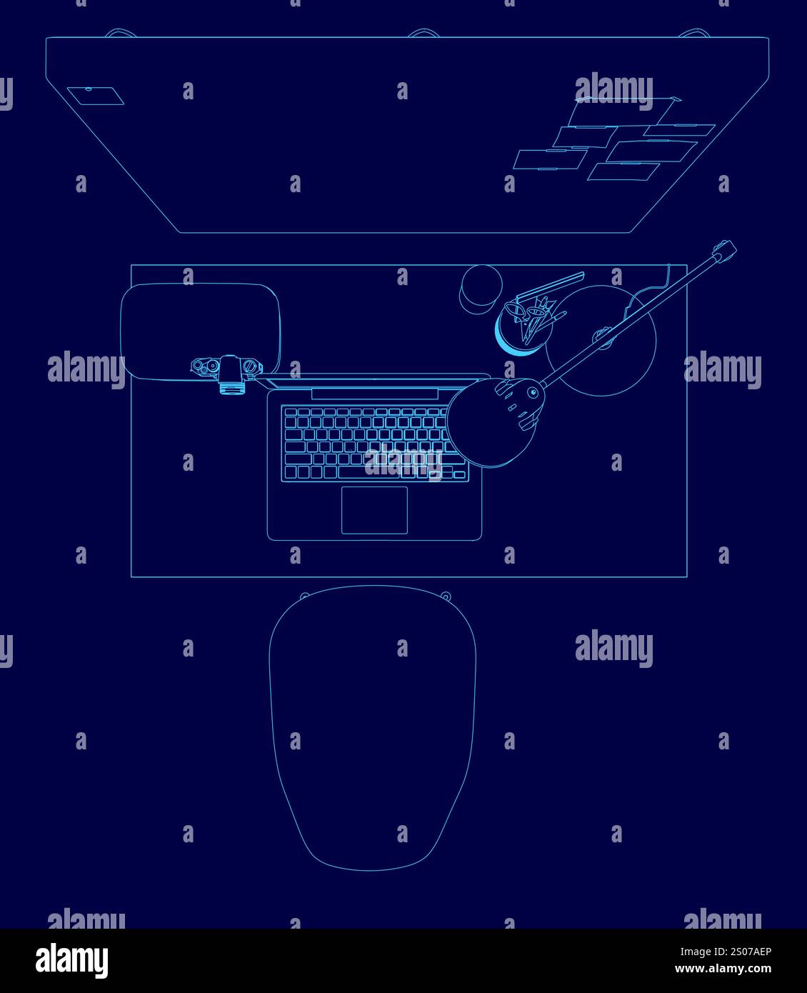 scrivania con computer portatile. Sembra che la persona stia lavorando o studiando Illustrazione Vettoriale