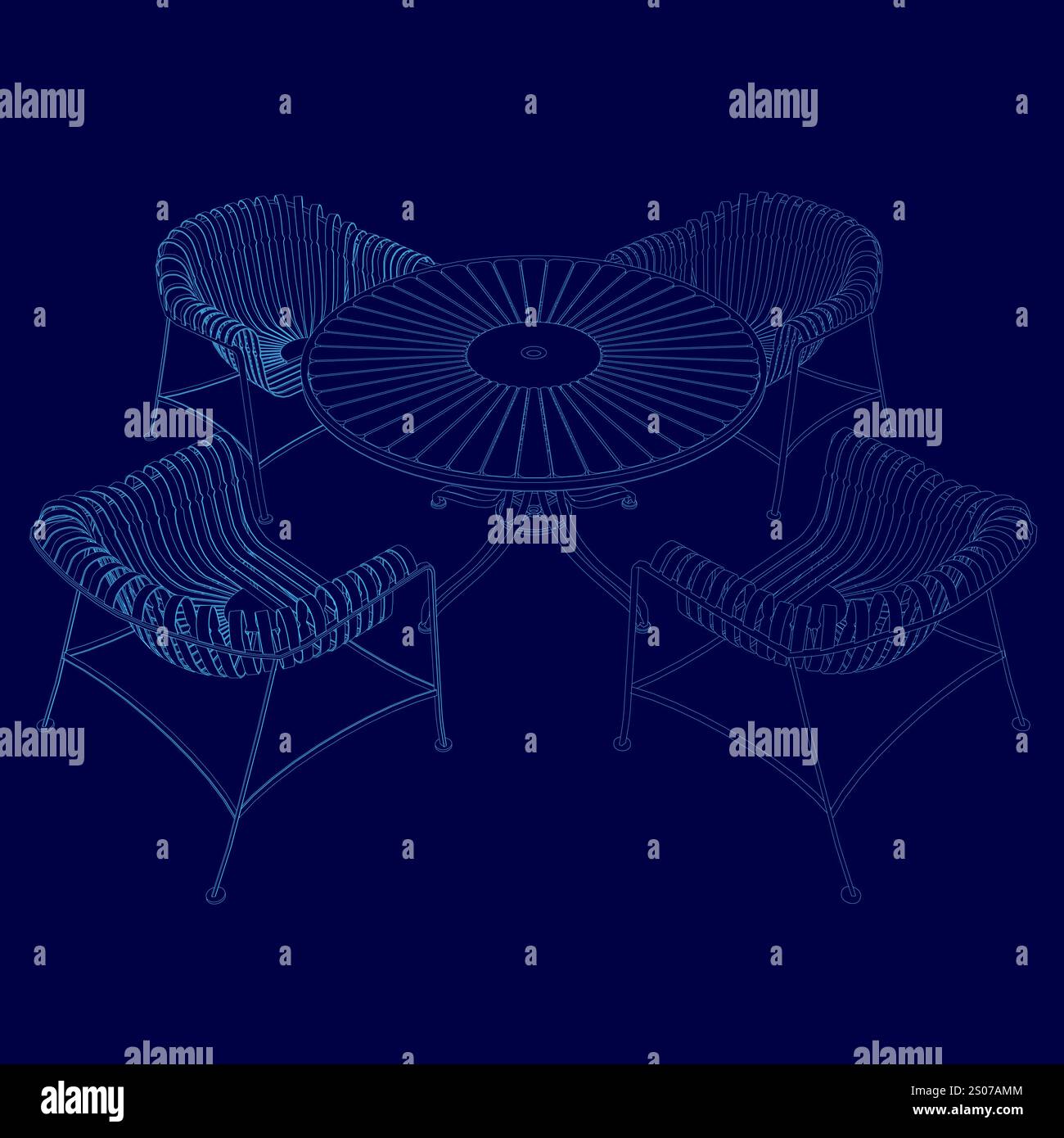 Immagine blu di un tavolo e sedie. Le sedie sono disposte in cerchio attorno al tavolo Illustrazione Vettoriale