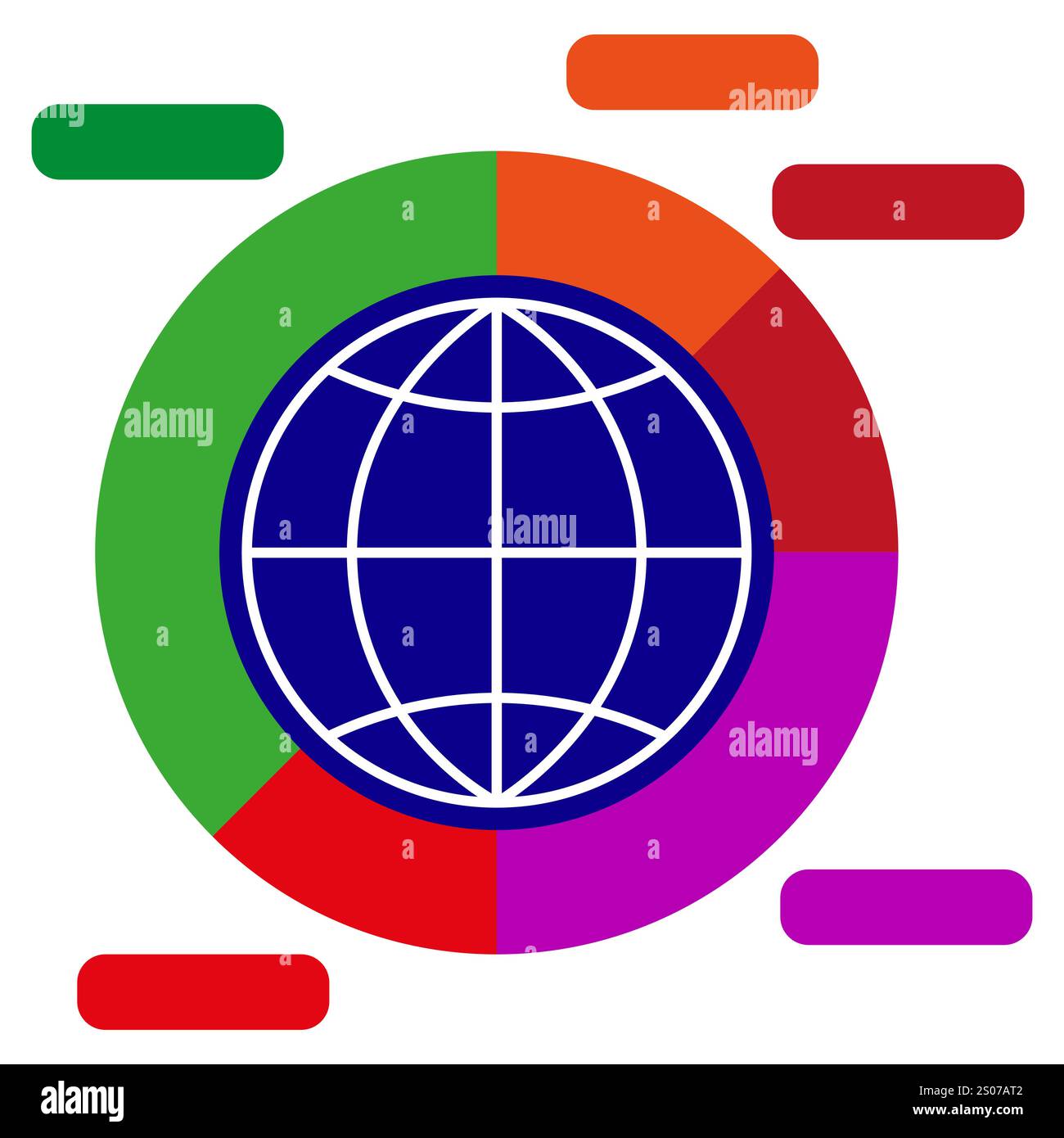 Globo e segmenti. Grafico vettoriale colorato. Simbolo di torta circolare. Illustrazione moderna dei dati. Illustrazione Vettoriale