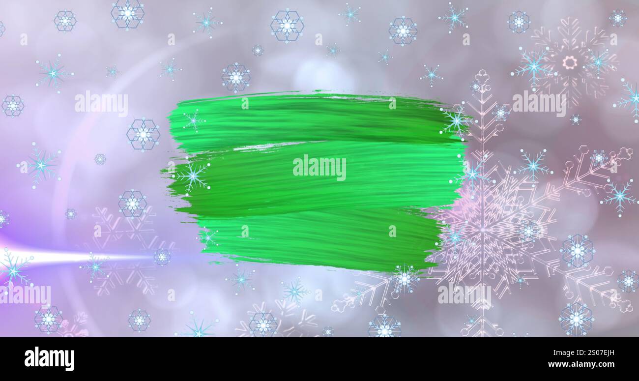 Immagine di un motivo astratto verde su fiori e fiocchi di neve cadenti con effetto bokeh Foto Stock