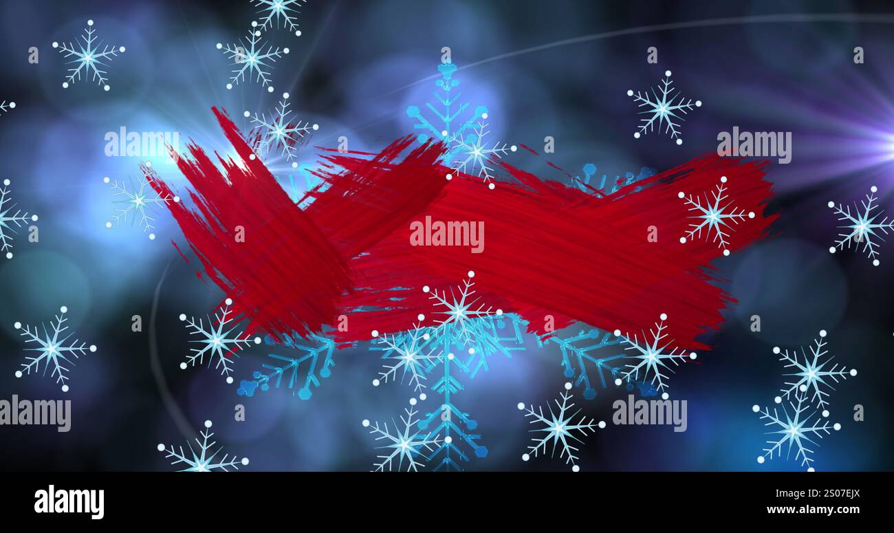 Immagine di vernice rossa con effetto bokeh e riflesso della lente sui fiocchi di neve Foto Stock