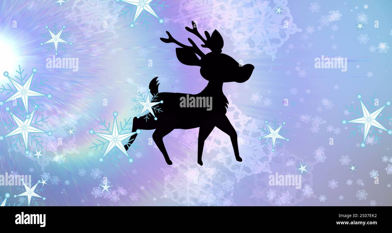 Immagine di camminate fawn e stelle in movimento su fiocchi di neve su sfondo astratto Foto Stock