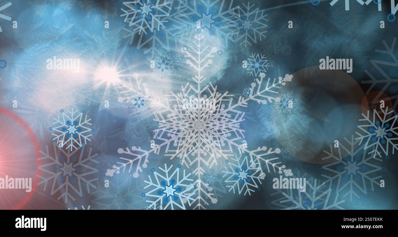 Immagine di esagoni, fiocchi di neve in loop e riflessi lente su sfondo astratto Foto Stock