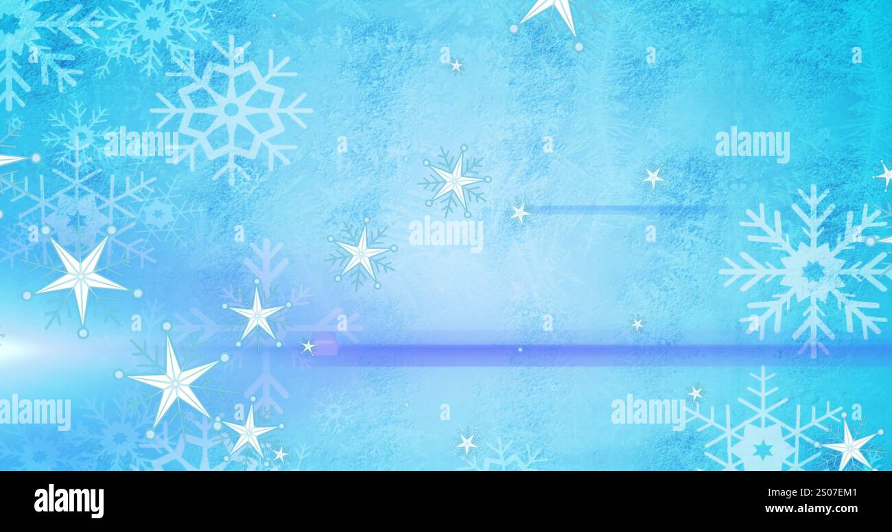 Immagine di stelle e fiocchi di neve con motivo astratto blu su sfondo blu Foto Stock