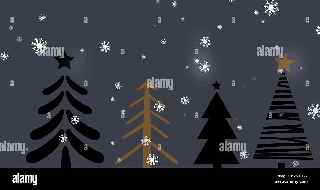 Immagine di un testo natalizio sulla neve che cade sullo sfondo del paesaggio natalizio invernale Foto Stock