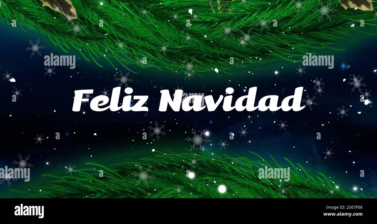 Immagine del testo di feliz navidad sui rami dell'albero di natale sullo sfondo del paesaggio invernale Foto Stock