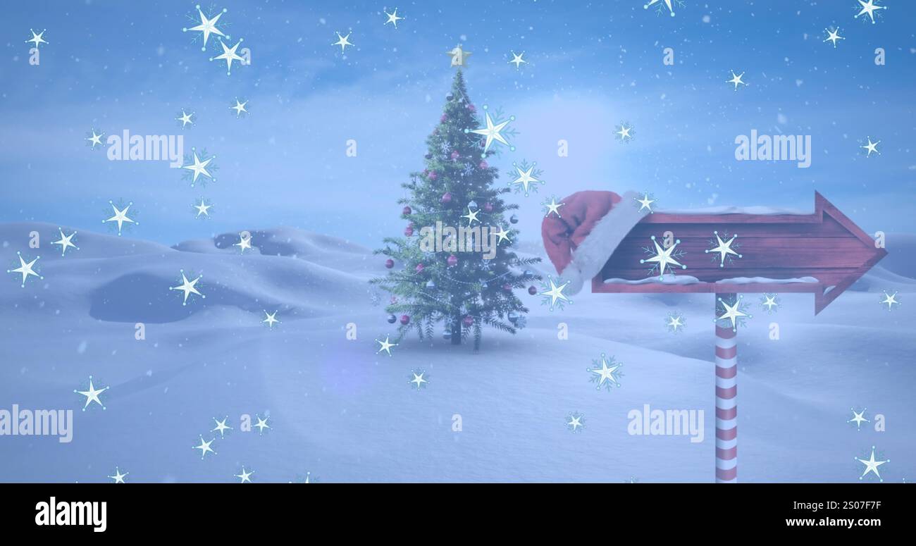 Immagine delle icone delle stelle che cadono sul cartello con la freccia e sull'albero di natale nel paesaggio invernale Foto Stock
