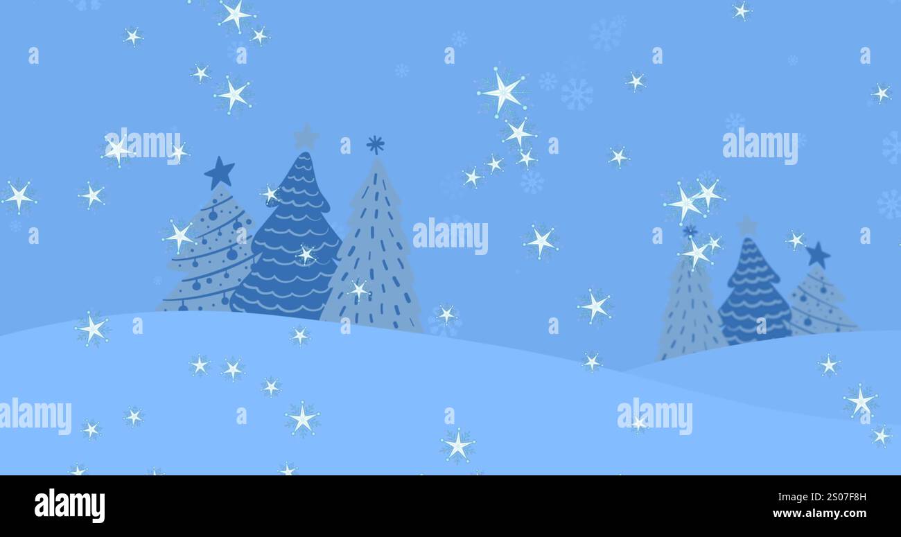 Immagine di icone di stelle che cadono sugli alberi di natale nel paesaggio invernale con spazio per le copie Foto Stock