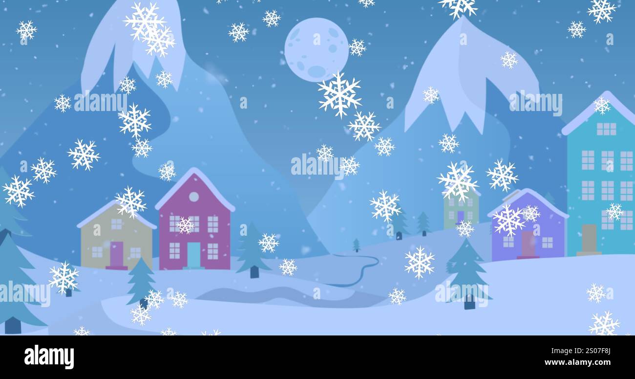 Immagine di icone di fiocchi di neve che cadono sul paesaggio invernale con spazio di copia Foto Stock