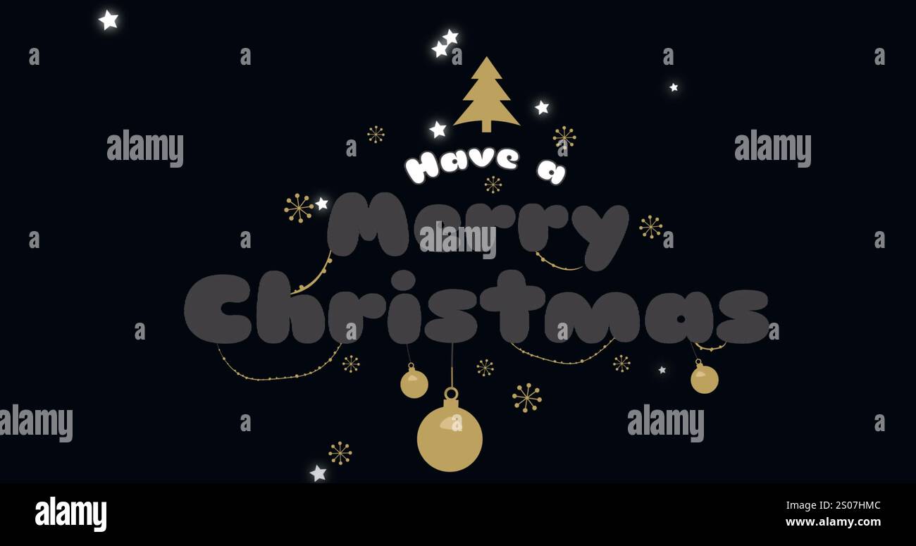 Immagine delle icone delle stelle sopra presenta un allegro testo natalizio su un banner decorativo su sfondo nero Foto Stock