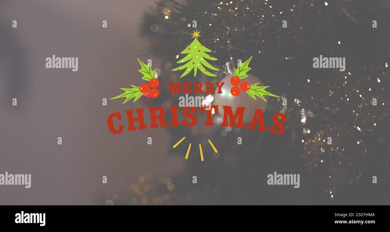 Immagine di un banner di testo di buon natale con un primo piano di un albero di natale decorato Foto Stock