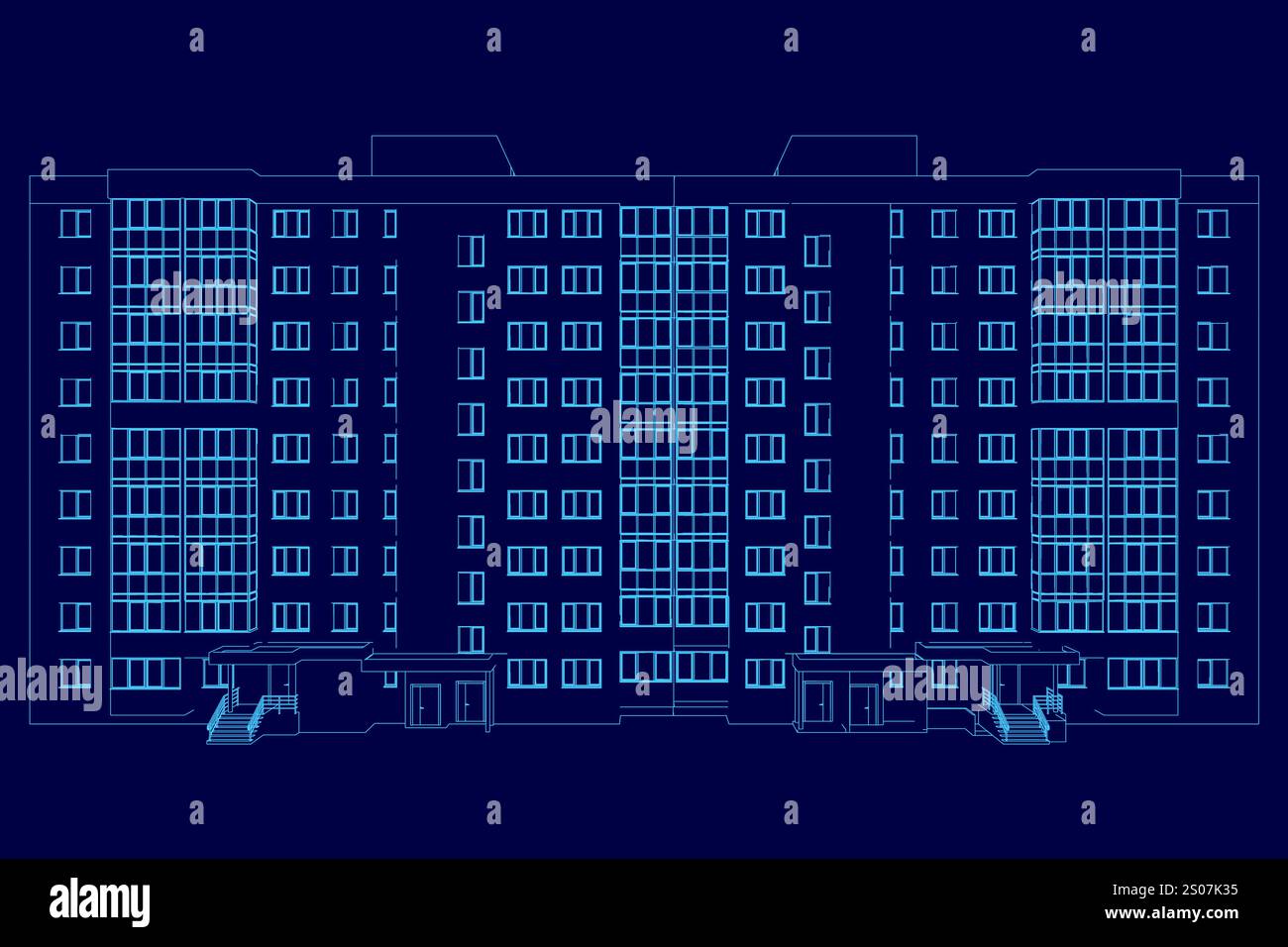 Edificio blu con finestre e una scala. L'edificio è alto e presenta un design moderno Illustrazione Vettoriale