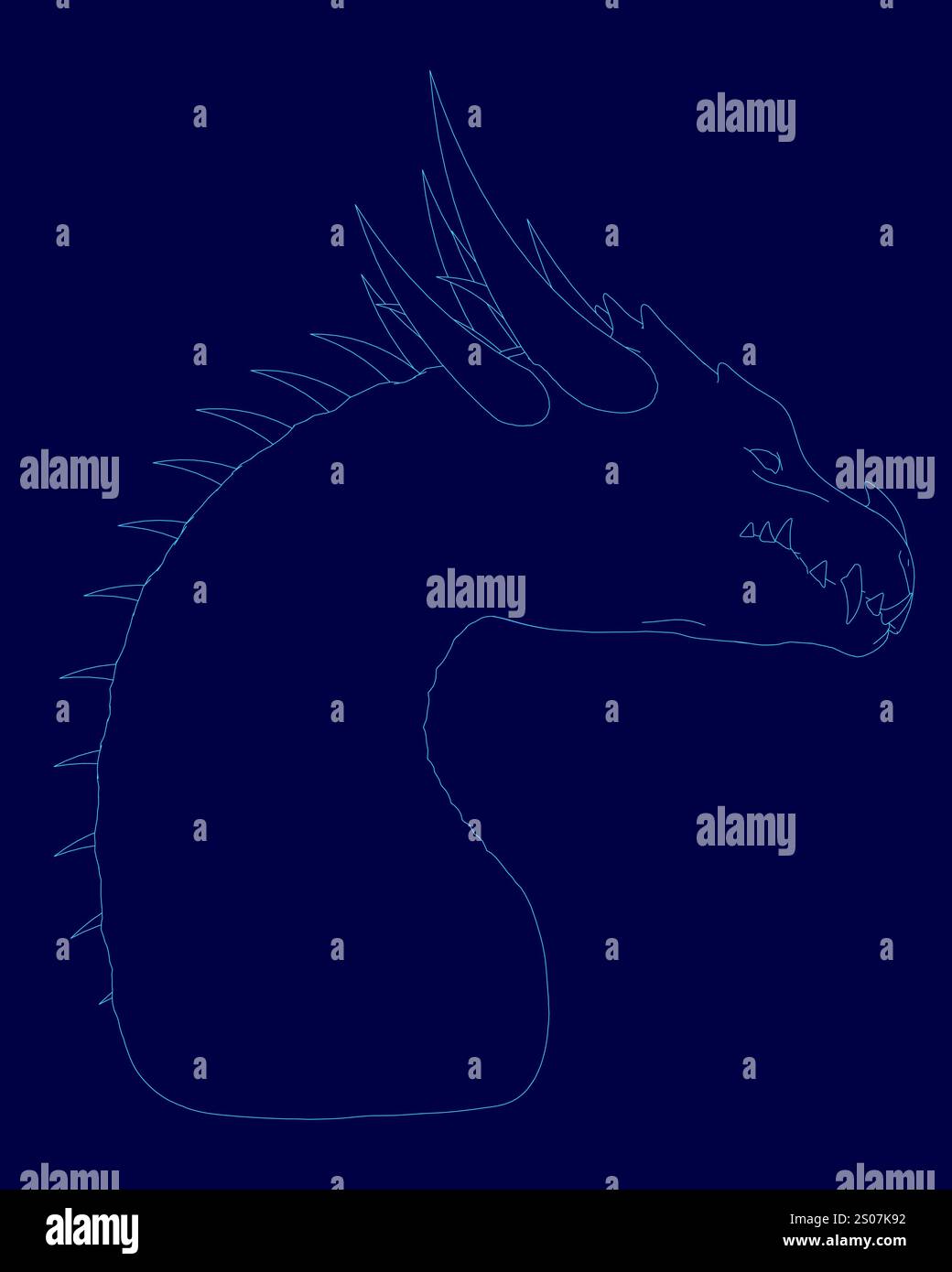 Drago blu con una lunga coda e denti affilati. Il drago è disegnato in blu Illustrazione Vettoriale