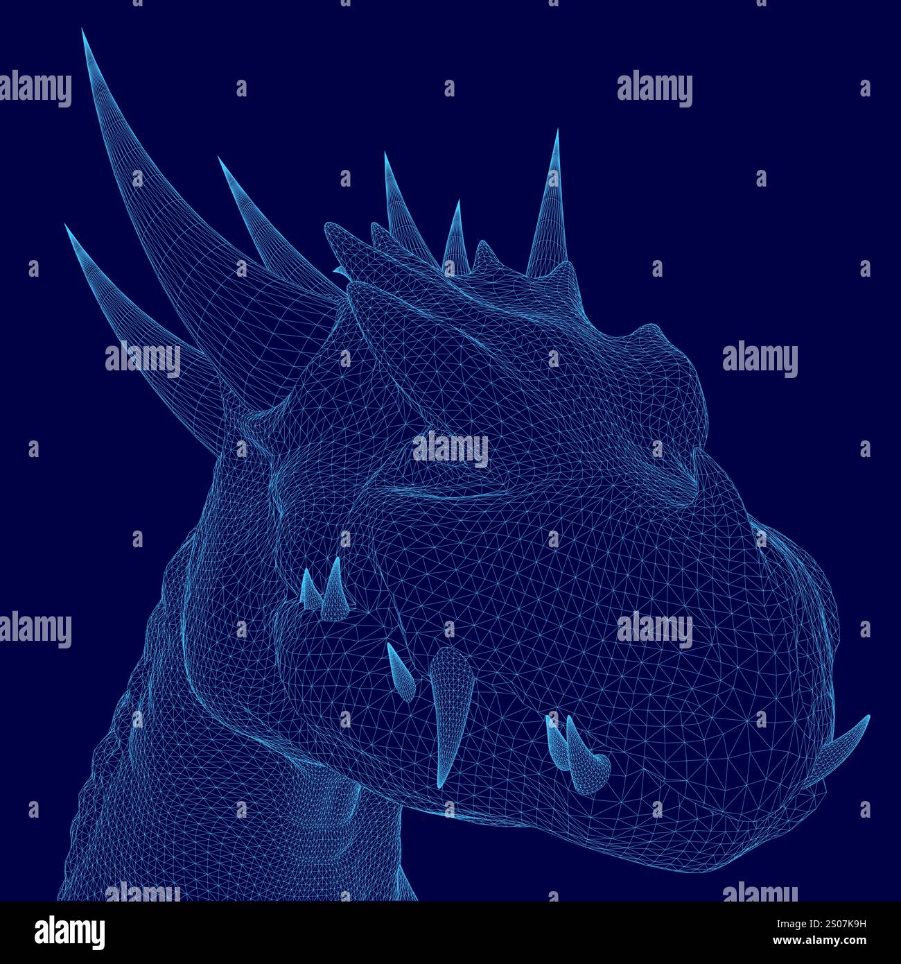 Drago blu con muso lungo e appuntito e sfondo blu. Il drago viene visualizzato in forma stilizzata 3D. Illustrazione Vettoriale