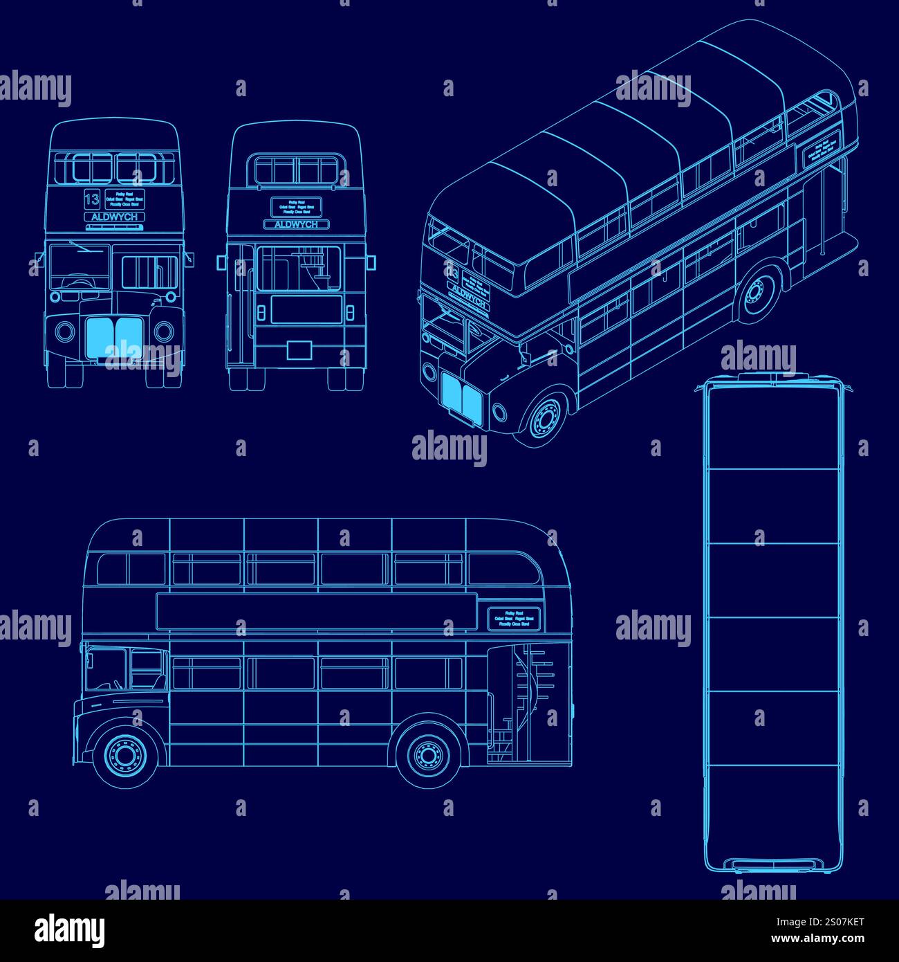 Autobus blu con una striscia sul lato. L'autobus è un autobus a due piani Illustrazione Vettoriale