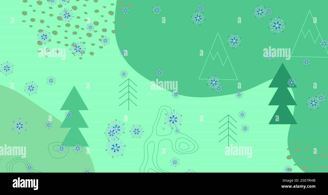 Immagine di fiocchi di neve che cadono sopra le icone dell'albero di natale e forme astratte su sfondo verde Foto Stock