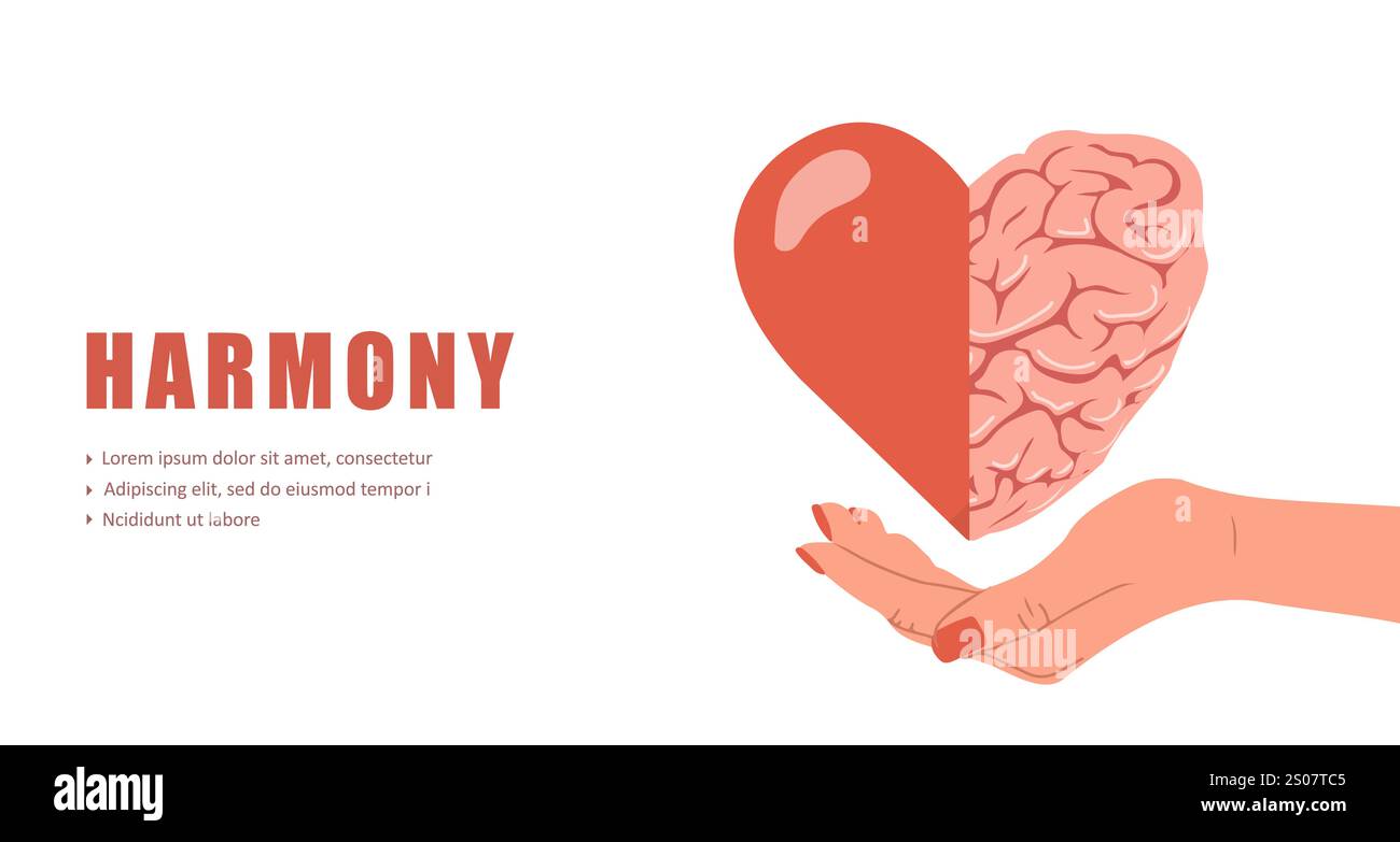 Connessione cuore e cervello. Concetto di armonia. Scelta razionale ragionevole ed emotiva. Mano femminile che tiene il cuore con il cervello. Illustrazione vettoriale in Illustrazione Vettoriale
