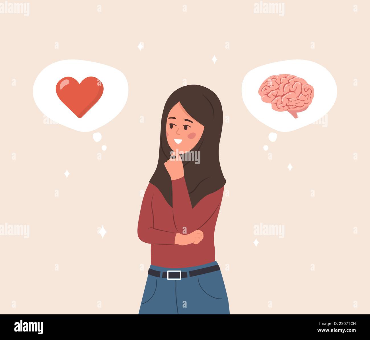 Equilibrio tra cuore e cervello. Concetto di intelligenza emotiva. Personaggio femminile arabo in hijab che sceglie tra sentimenti e mente. Vettore Illustrazione Vettoriale