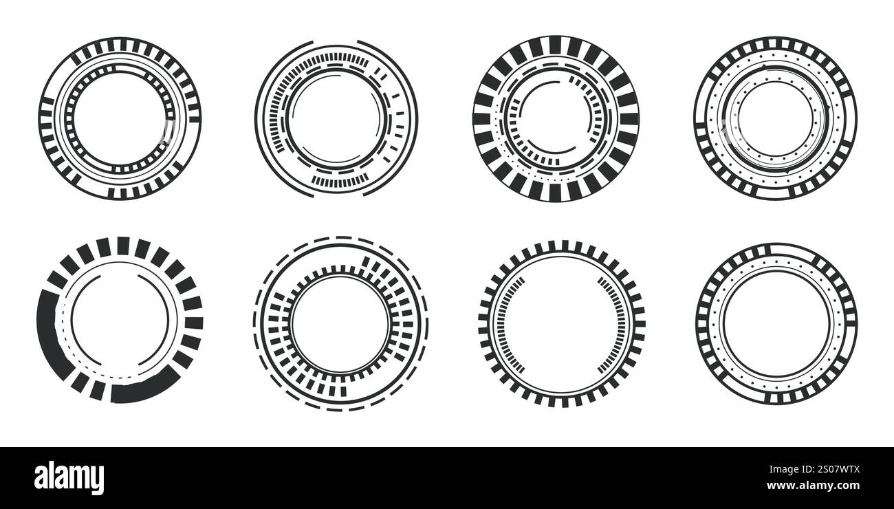 Puntatore di puntamento HUD bersaglio ottico, indicatori futuristici del raggio di messa a fuoco, mirino laser collimatore. Cecchino di misurazione per pistola cecchino. Elemento ui design interfaccia di gioco. Illustrazione vettoriale Illustrazione Vettoriale