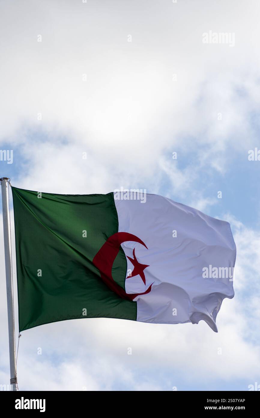 Bandiera dell'Algeria contro un cielo limpido. Giornata dell'indipendenza dell'Algeria. Foto Stock