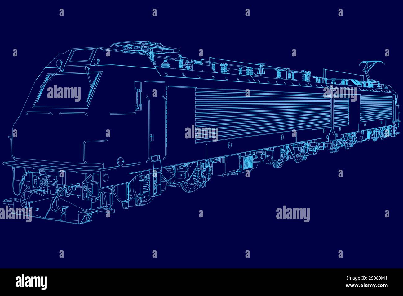 Treno blu con una striscia sul lato. Il treno è lungo e ha molte finestre Illustrazione Vettoriale