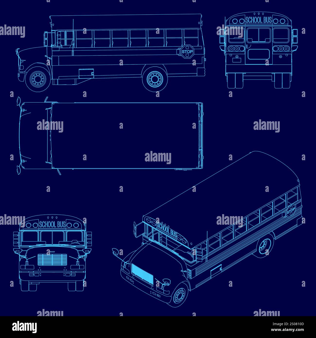 Autobus blu con la parola "bus" sul davanti. L'autobus è mostrato in diverse angolazioni ed è uno scuolabus Illustrazione Vettoriale