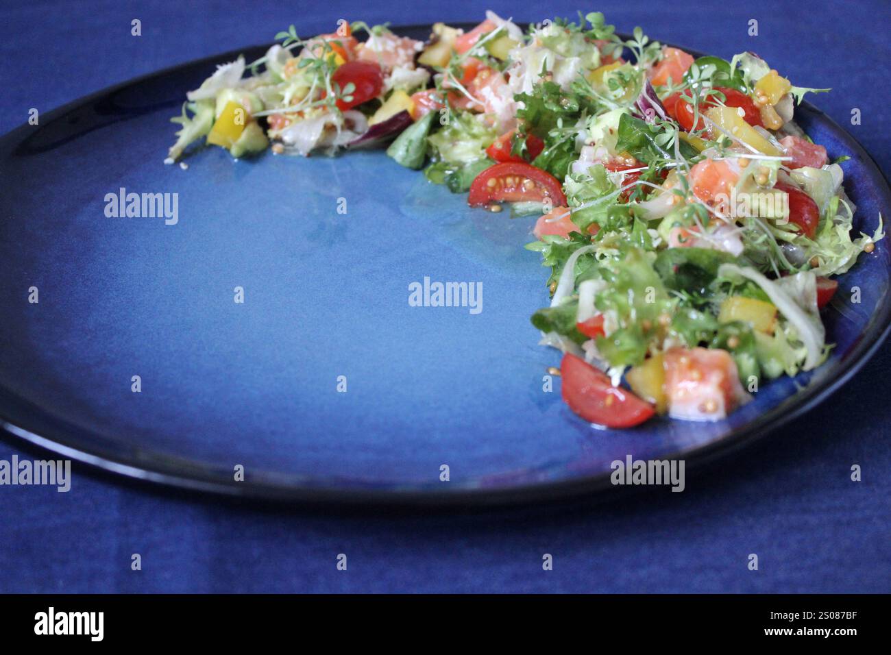 Salmone fresco, pomodori succosi e verdure croccanti si combinano con un condimento leggero, creando un'insalata vivace e sana disposta su un elegante pla blu Foto Stock