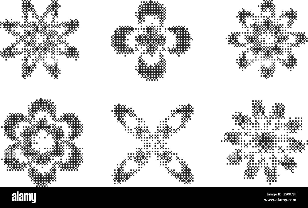 Forme di pattern pixel. Fiore testurizzato con gradiente dithering bitmap Y2K. Stella vettoriale retrò con un vecchio effetto grafico di gioco per computer. Mezzitoni grunge Illustrazione Vettoriale