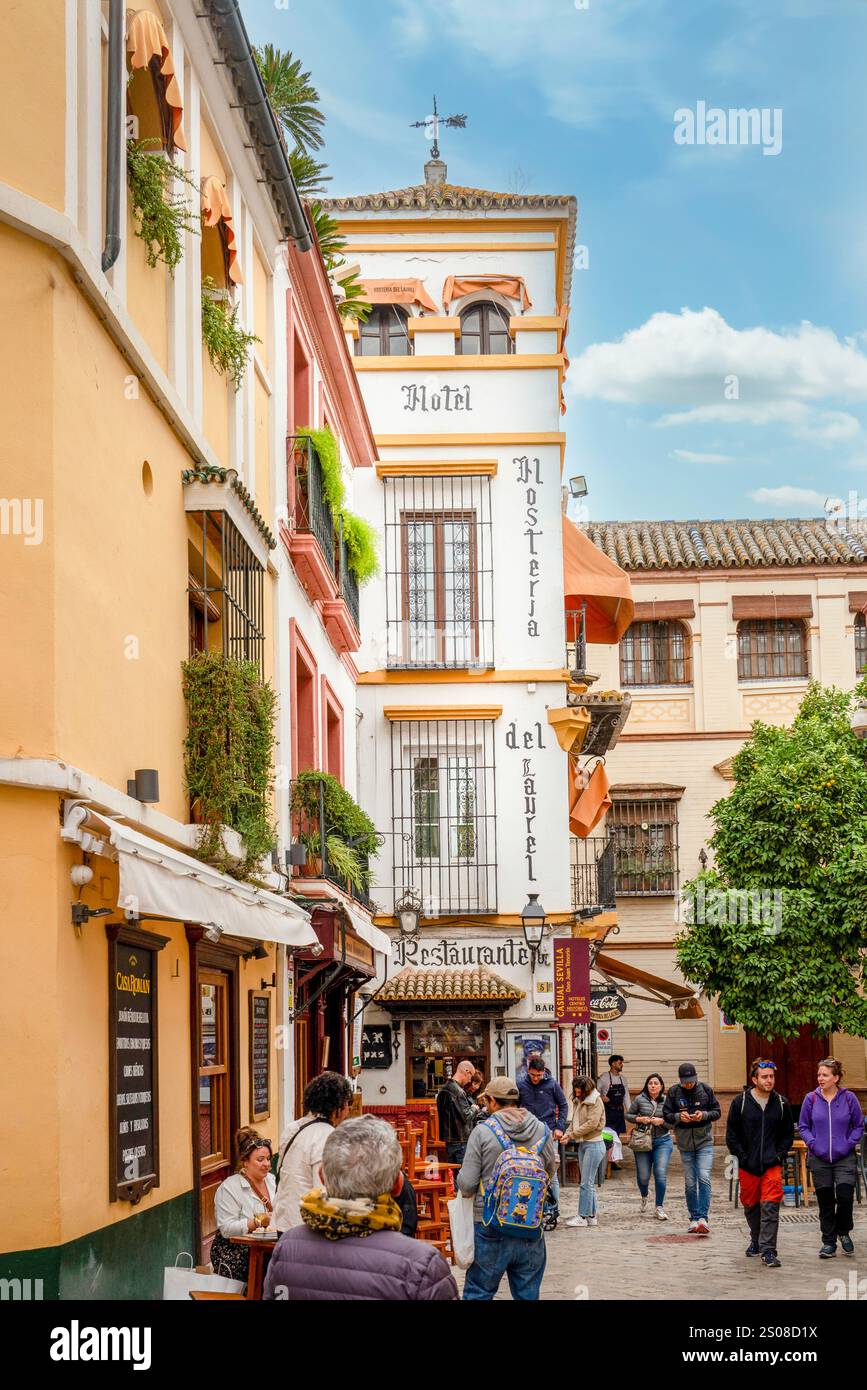 Siviglia, Spagna - 28 ottobre 2024: Le persone camminano in Calle Jamerdana, quartiere di Santa Cruz, (Calle Jamerdana, Barrio de Santa Cruz) Foto Stock