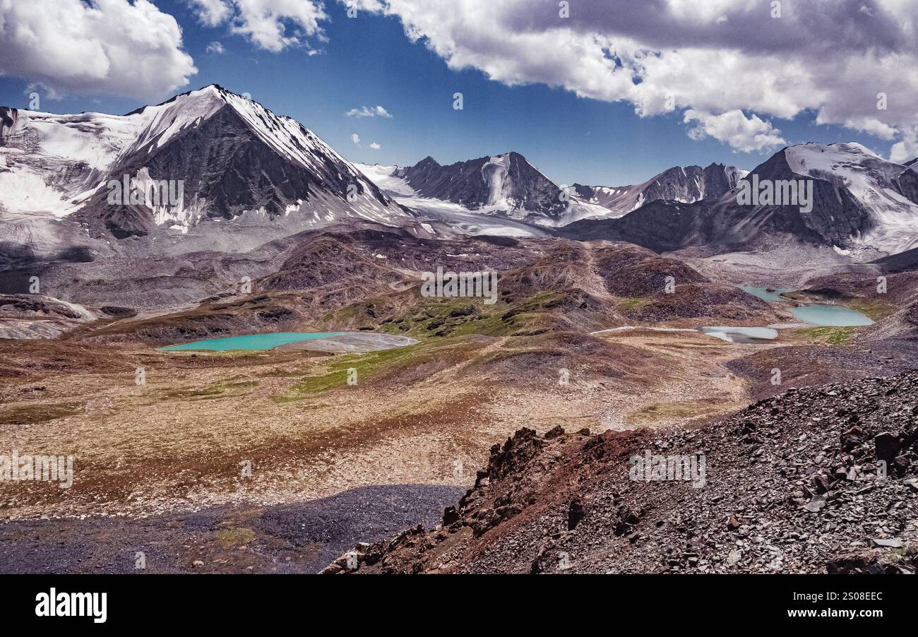 La vista panoramica dal passo di Sarry Mogol nel Kirghizistan sud-orientale, il punto più alto della Alay's Loop Traverse. Foto Stock
