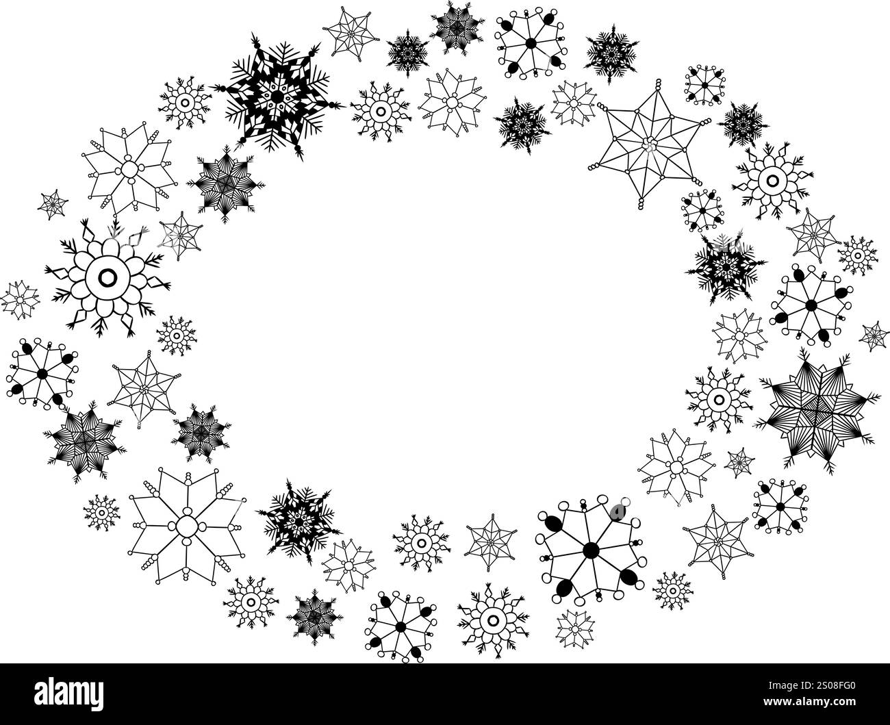 Cornice ovale a linee grafiche con fiocchi di neve isolati su sfondo bianco trasparente. Polvere vettoriale con particelle dettagliate. Cerchio di cristalli di neve. Illustrazione Vettoriale