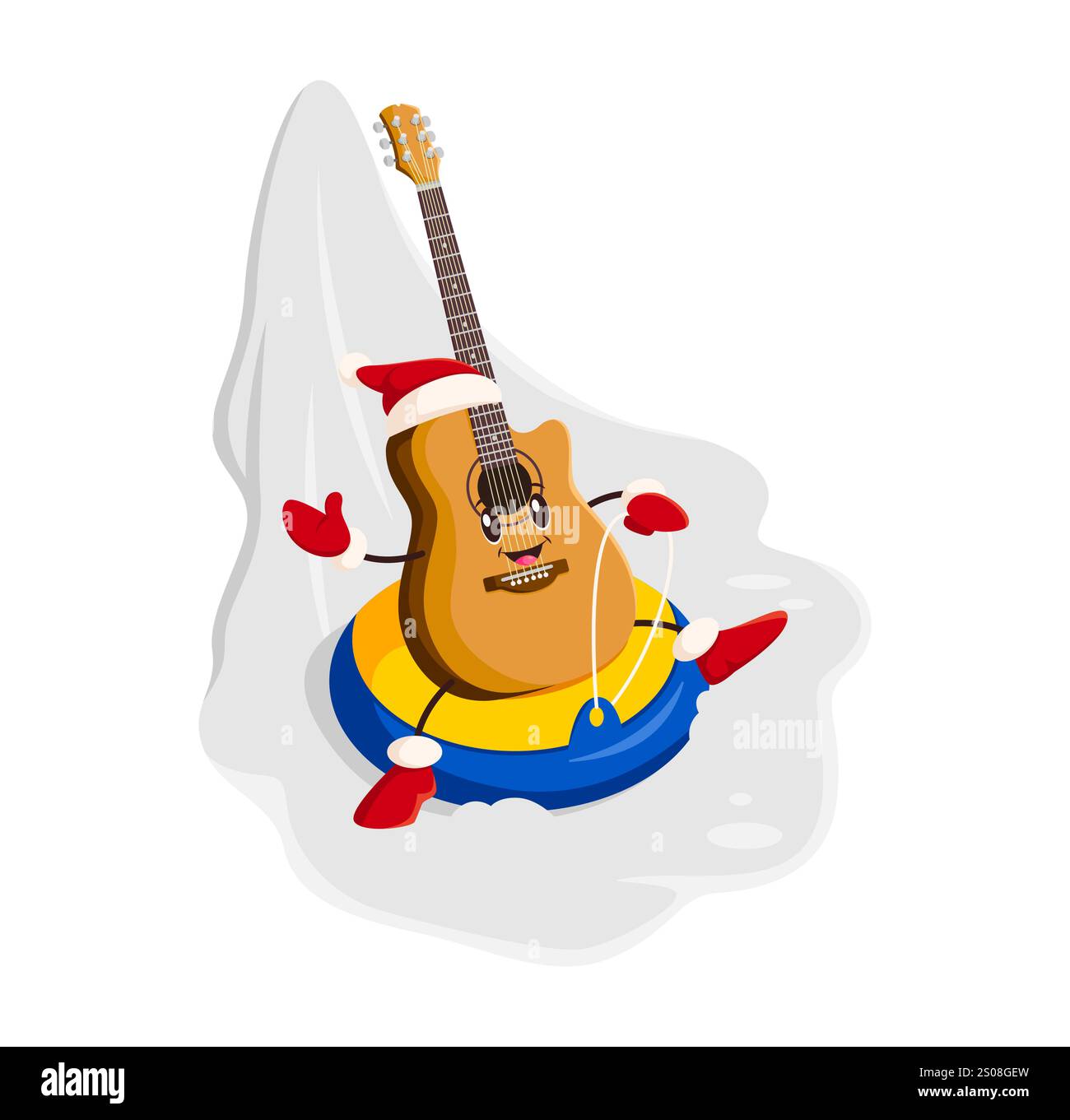 Il personaggio della chitarra cartoon scivola sulla neve durante le vacanze di Natale. Strumento musicale a corde vettoriali che indossa il cappello di Babbo Natale seduto su un tubing e scivoli gioiosamente su una collina innevata durante le attività invernali Illustrazione Vettoriale