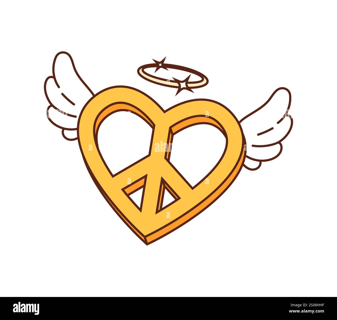 Cartoon Groovy valentines giorno hippie segno di pace, simbolo d'amore. Il simbolo del cuore Vector isolato rétro con ali angeliche e alone trasuda nostalgiche atmosfere anni '60 e '70. Simbolo di amore, libertà e atmosfera romantica Illustrazione Vettoriale