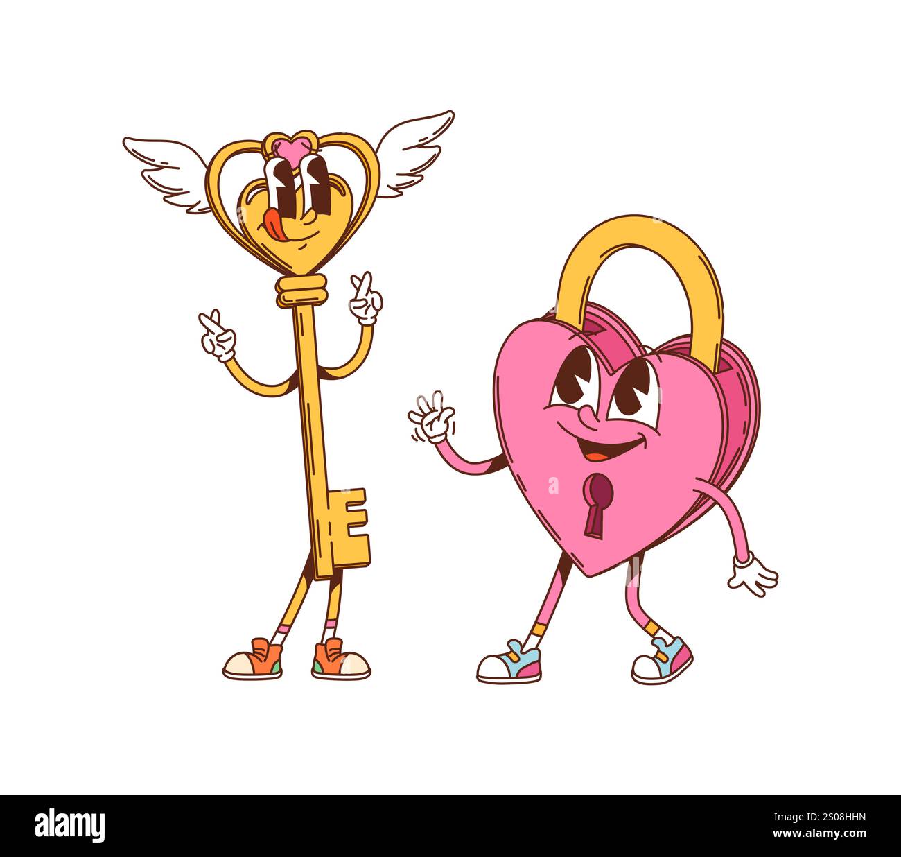 Cartoni animati con lucchetto a forma di cuore di san valentino e personaggi chiave. Adorabile lucchetto a forma di cuore che attacca la linguetta e la chiave sorride. Personaggi retrò Vector Holiday con amore, sicurezza e relazioni felici Illustrazione Vettoriale