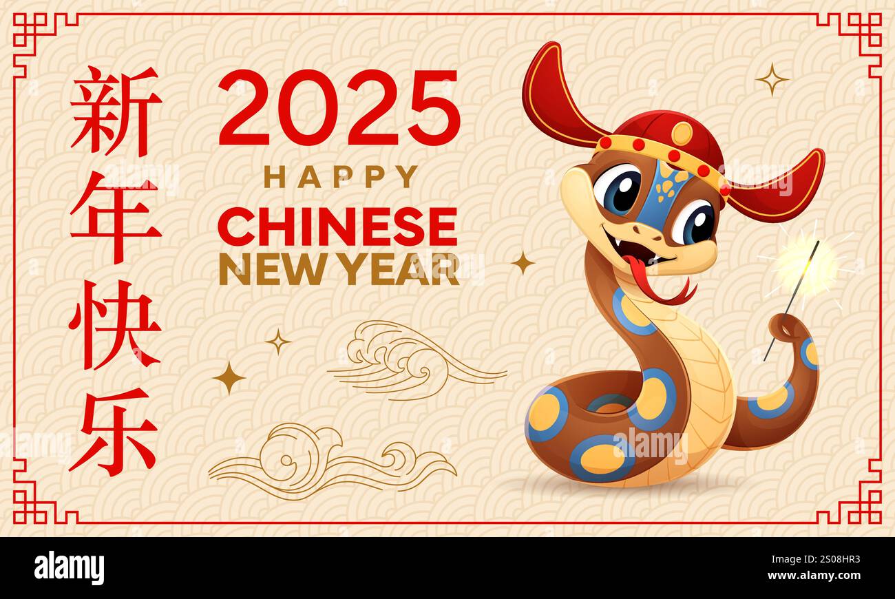 Serpente cartoni animati con fuochi d'artificio, striscione lunare cinese di Capodanno in una cornice vettoriale con motivo di nodo fortunato asiatico. Calendario dell'anno lunare zodiaco serpente o personaggio drago con scintillio sullo sfondo delle onde orientali Illustrazione Vettoriale