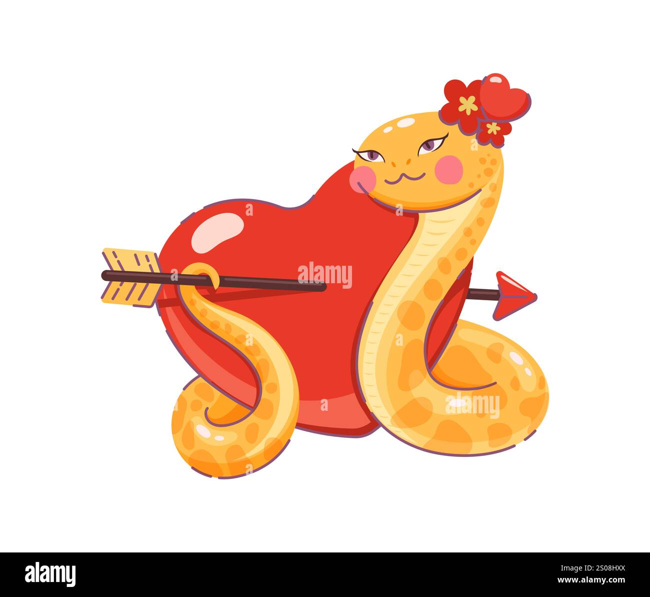 Cartoon valentines Day serpente asiatico con cuore d'amore perforato da una freccia. Affascinante rettile giallo vettoriale, serpente serpente animale adornato con decorazioni floreali, combina amore, giocosità e romanticismo Illustrazione Vettoriale