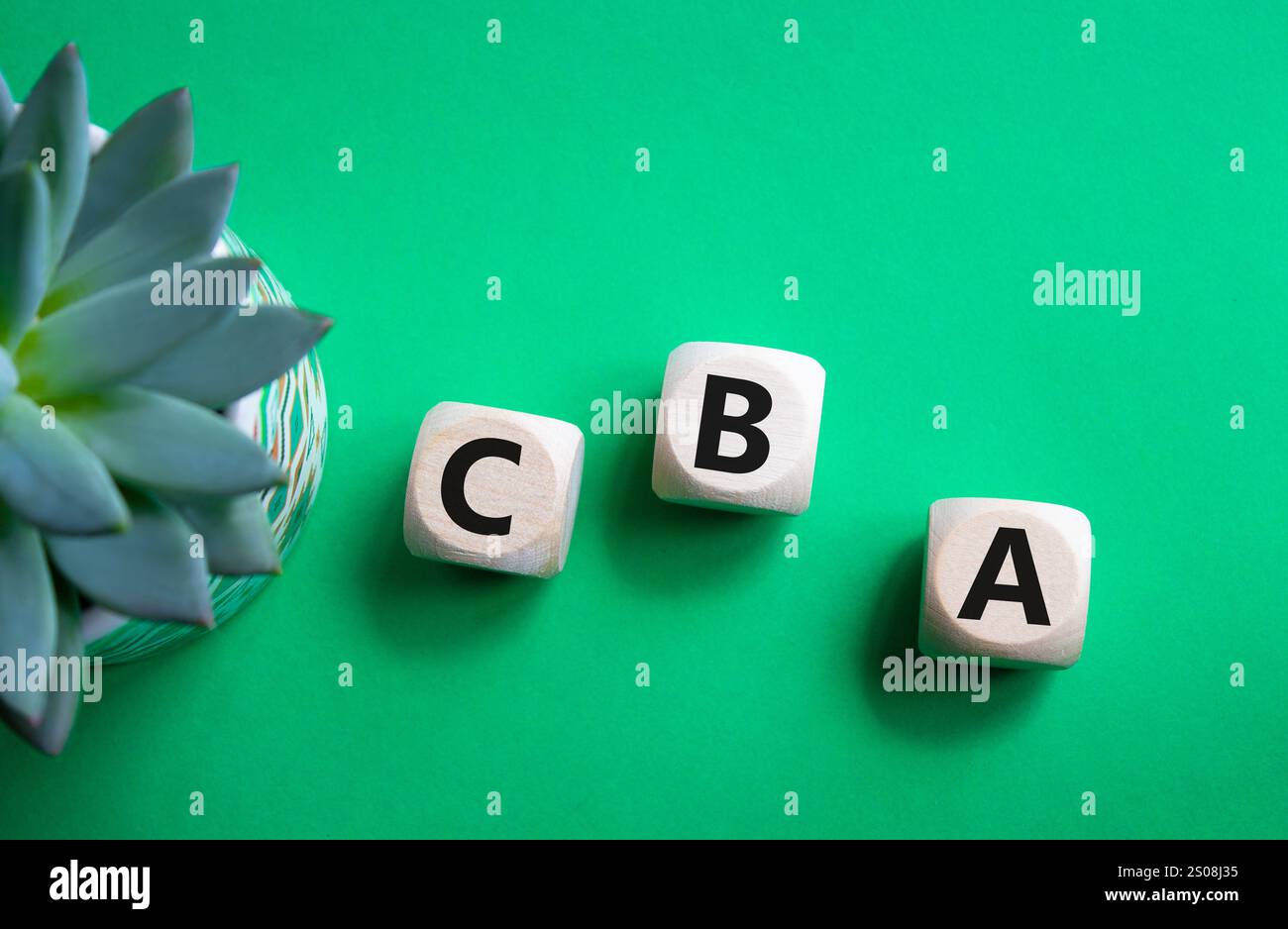 CBA - simbolo dell'analisi costi-benefici. Cubi di legno con parola CBA. Splendido sfondo verde con piante succulente. Business and Cost Benefit Analysis co Foto Stock