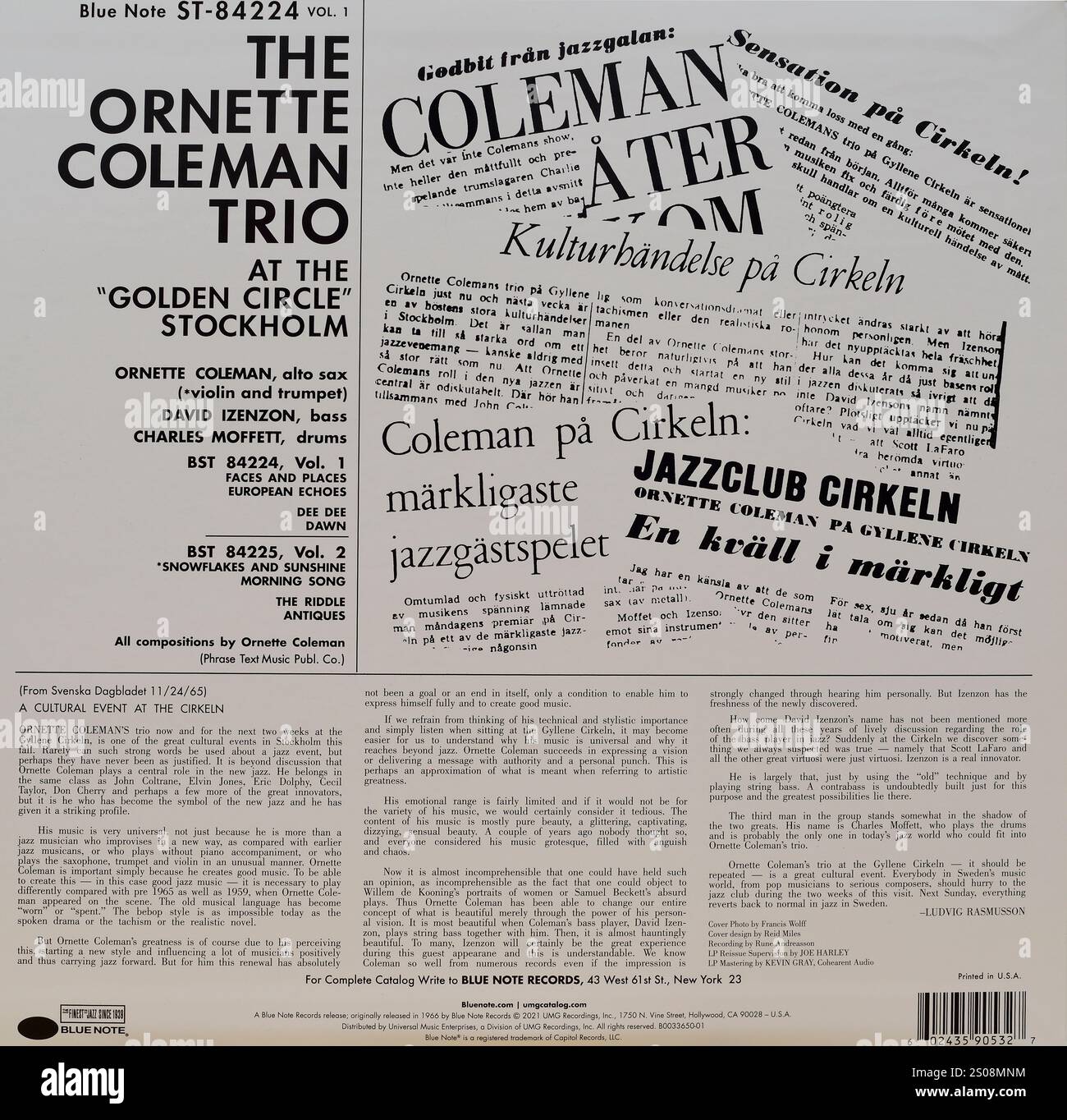Copertina in vinile vintage. The Ornette Coleman Trio at the golen Circle Stockholm, album back cover, 1965 Foto Stock