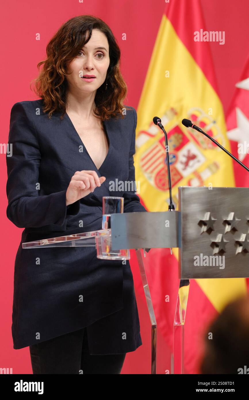 Madrid, Spagna. 19 marzo 2022. il presidente della Comunità di Madrid, Isabel Diaz Ayuso, tiene una conferenza stampa dopo la riunione del Consiglio direttivo, presso la Real Casa de Correos, il 26 dicembre 2024 a Madrid, Spagna crediti: SIPA USA/Alamy Live News Foto Stock
